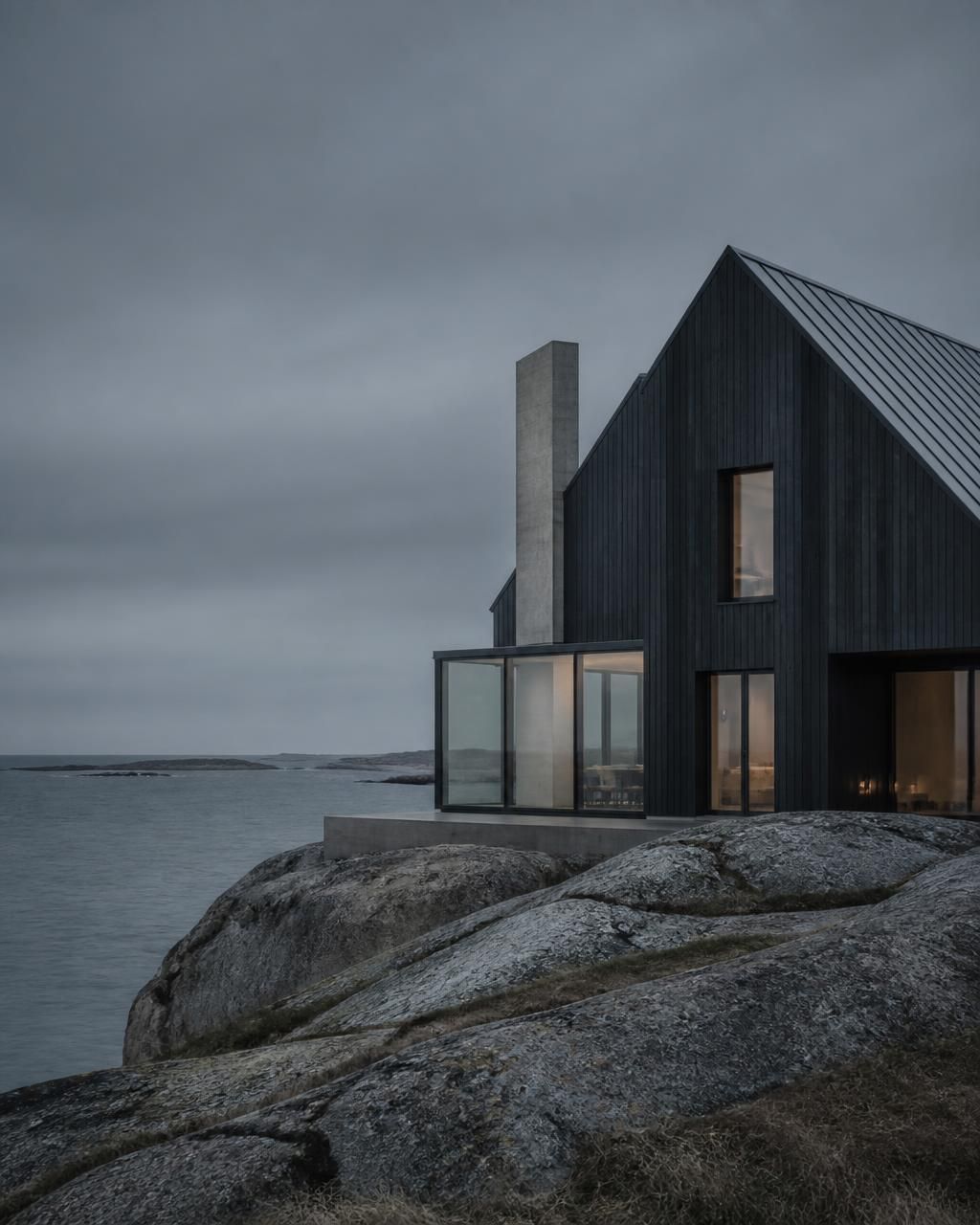 A dark timber coastal residence on granite rock at blue hour